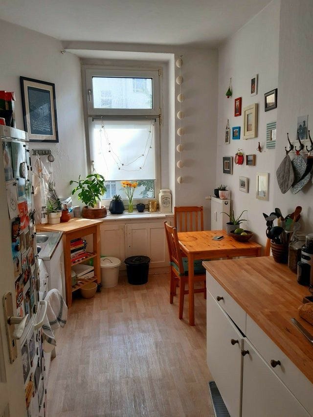 This may contain: the kitchen is clean and ready for us to use