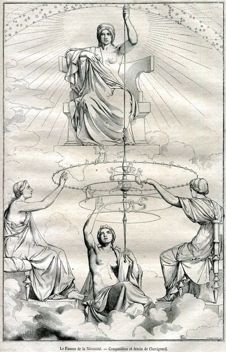 Ananke (la Neccessità) sovrasta le tre Moire. Il termine Moira in greco ...