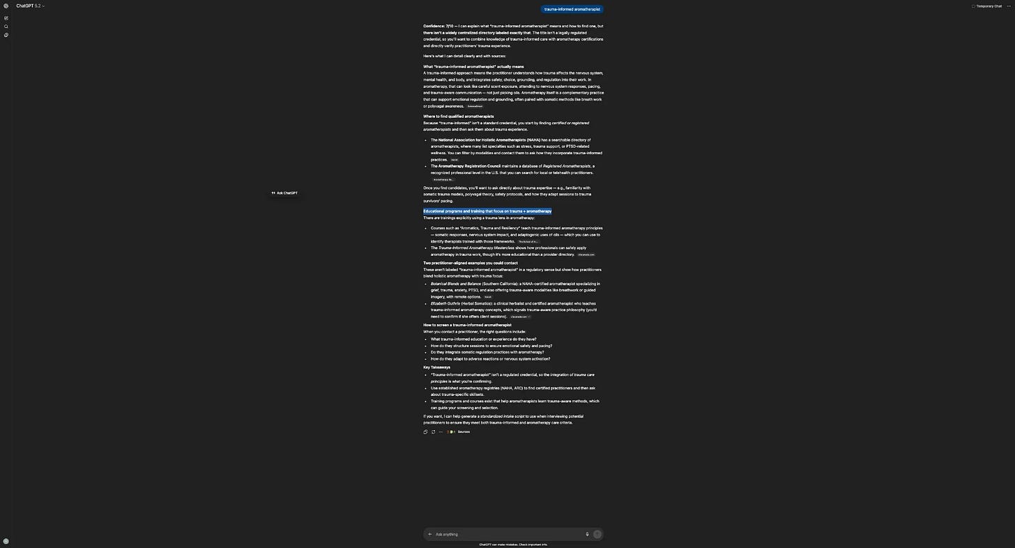 The Visible Practitioner GEO case study screenshot January 2026. ChatGPT national aromatherapist query results.
