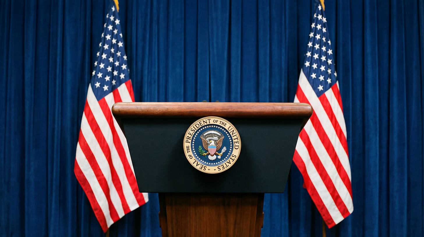 AI-generated illustration of an empty podium containing the presidential seal, symbolizing the meeting has concluded.flags have no gold fringe 
