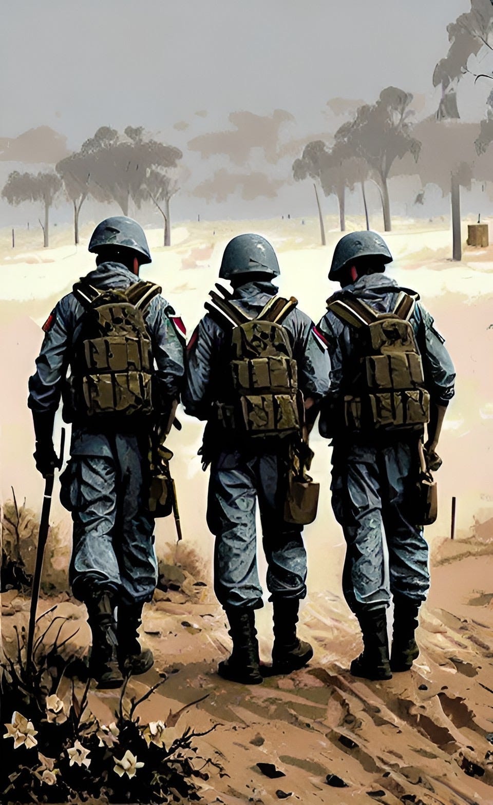 Color illustration of three soldiers clad in battle gear walking down a dusty desert road. Created by Frank Moone using Dream.AI