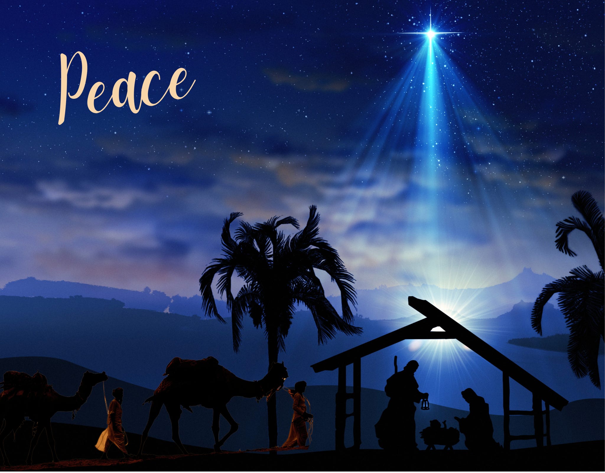 Christmas Nativity illustration showing Mary and Joseph with the baby Jesus in a manger at night, a bright guiding star overhead, shepherds and camels traveling toward the stable, palm trees in silhouette, and the word "Peace" displayed in the night sky. When God Came Close The Nativity, neuroscience, and the healing power of embodied love. When God Came Close The Nativity, neuroscience, and the healing power of embodied love