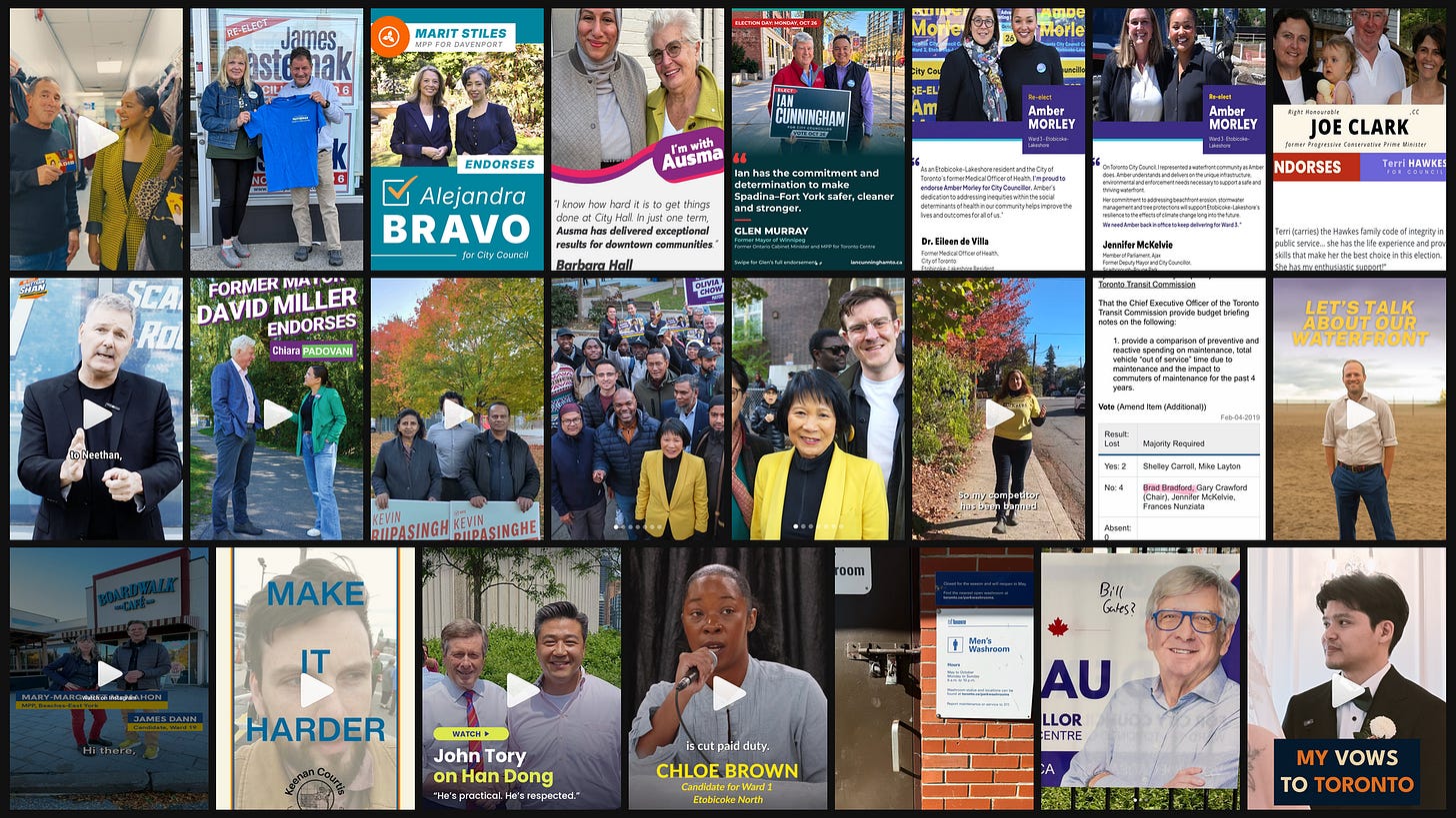 A collage of political campaign materials and endorsements for various Toronto election candidates, featuring photos of politicians, campaign signs, endorsement statements, and promotional materials arranged in a grid layout.