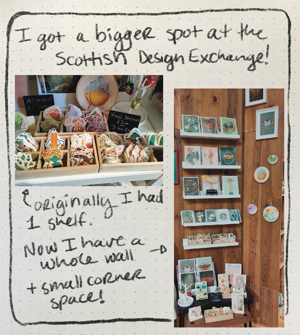 A comic that reads “I got a bigger spot at the Scottish Design Exchange! Originally I had 1 shelf and now I have a whole wall section + corner space.” The comic includes a picture of the former shelf spot and a picture pf the larger wall space.