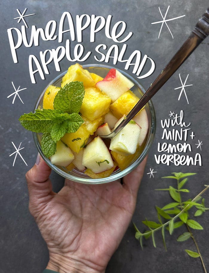 Shutterbean's Pineapple Apple Salad combines fresh pineapple, crisp apples, lime juice, mint, and lemon verbena for an easy summer fruit salad that's perfect for picnics, barbecues, and brunches.