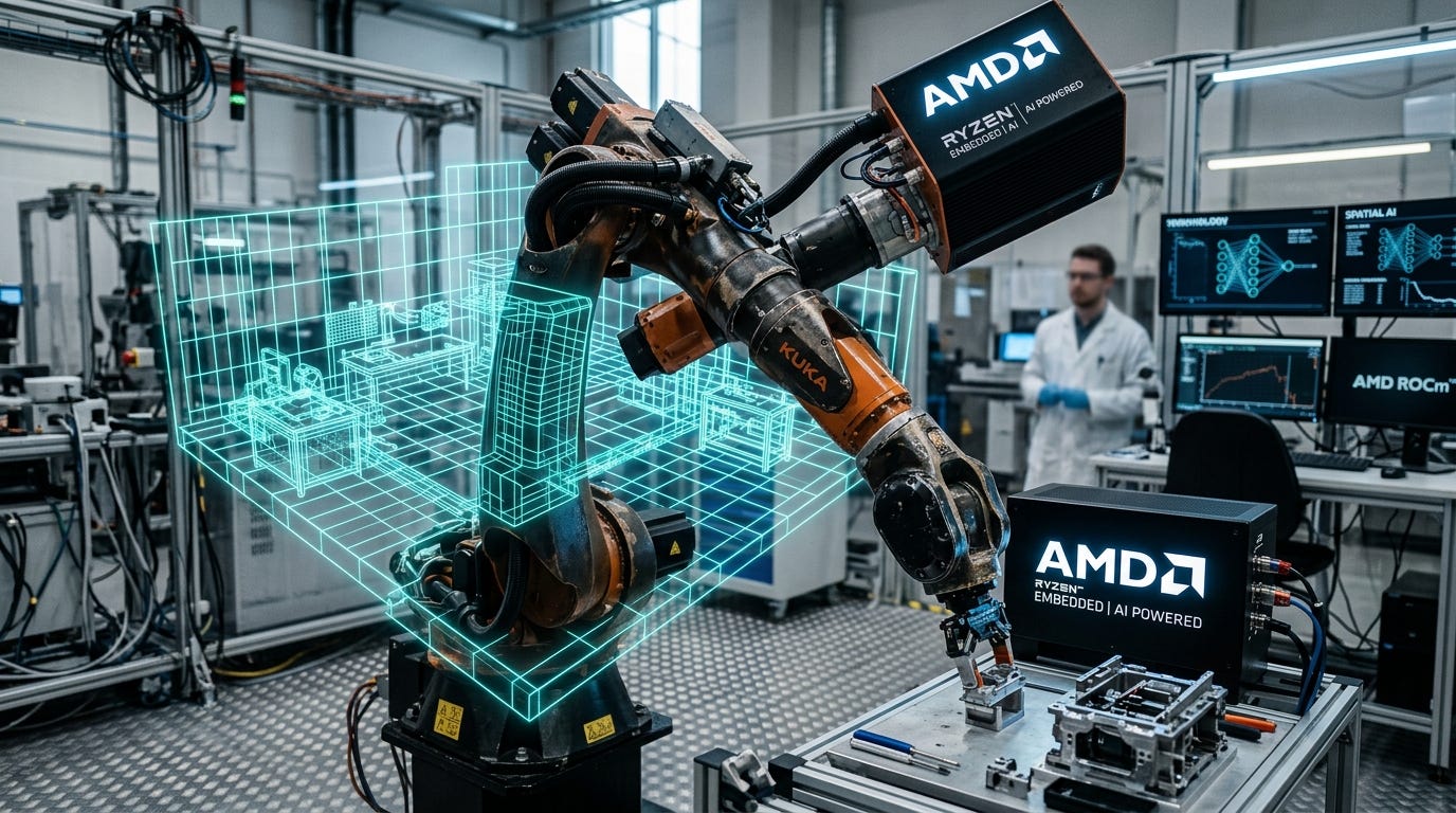  Một cánh tay robot trong phòng thí nghiệm công nghệ cao, được điều khiển bởi chip AMD, đang tương tác với mô hình lưới 3D tái dựng môi trường xung quanh lơ lửng trong không trung.
