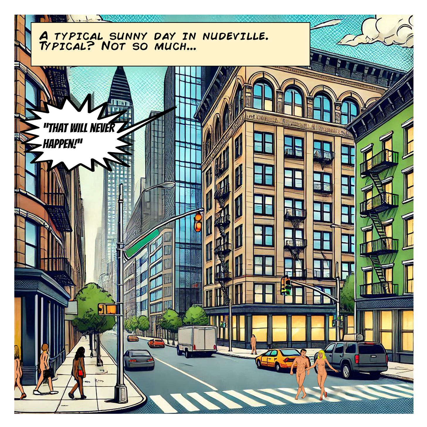 Panel 1: A bustling cityscape in Nudeville shows a sunny day with nude pedestrians casually walking on sidewalks and crossing streets. A narration box at the top reads, "A typical sunny day in Nudeville. Typical? Not so much..." A comic-style speech bubble exclaims, "That will never happen!" Panel 1: A bustling cityscape in Nudeville shows a sunny day with nude pedestrians casually walking on sidewalks and crossing streets. A narration box at the top reads, "A typical sunny day in Nudeville. Typical? Not so much..." A comic-style speech bubble exclaims, "That will never happen!"