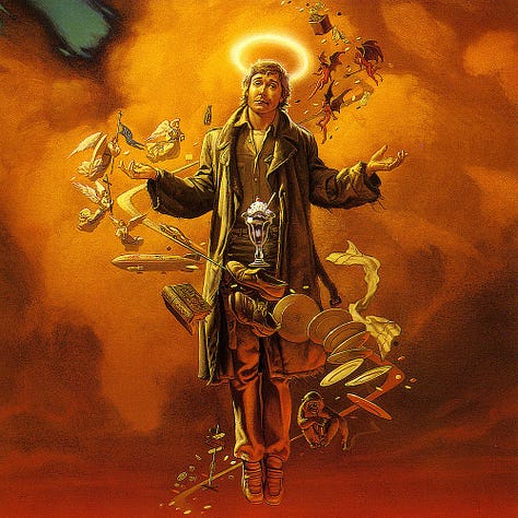 LEFT: Detail from JOB with an unkempt man shrugging as a zig zag of symbols pass around him. A glowing halo hangs above his head. CENTER: Close detail from JOB featuring symbolic detail winding around the central figure. Coins, a cross and chalice spill along the path implied by the road. Over one shoulder a trio of tiny devils hover. Over his opposite shoulder, set lower down, a cluster of penitent angels gather. One carries a blue standard, another a large cross. RIGHT: Close detail from JOB featuring symbolic detail winding around the central figure: a blimp, a book, a sundae in parfait glass, a pair of old brown shoes, a variety of plates, and a monkey smoking a cigarette. Near his feet floats a stand holding traffic signs. Among a spill of coins is the artist's sigil, the stylized letters M and W bound within a circle.