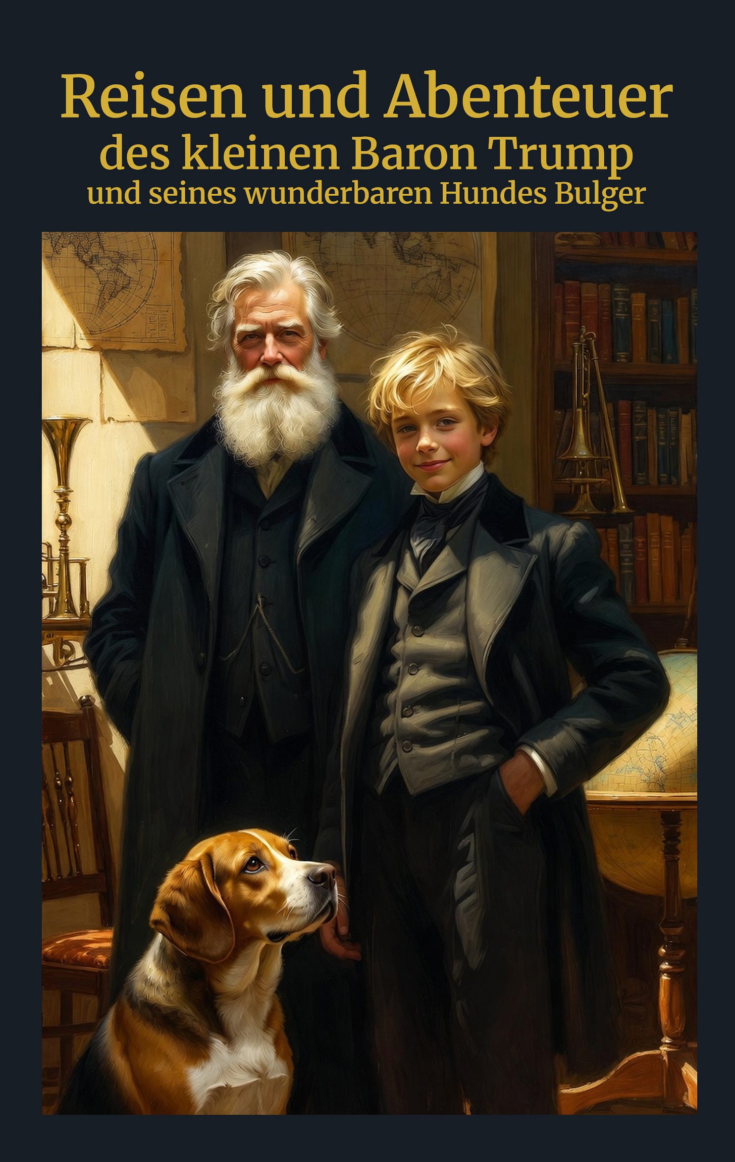 Cover „Reisen und Abenteuer des kleinen Baron Trump und seines wunderbaren Hundes Bulger” — Lockwoods Kinderroman von 1889