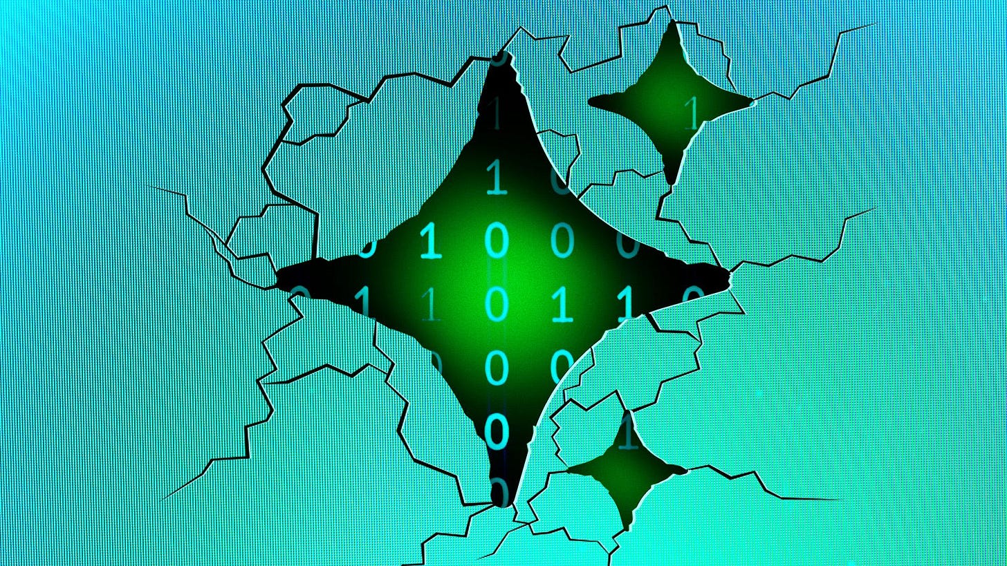 Illustration of the AI sparkle symbol cracking a computer screen and revealing binary code beneath Illustration of the AI sparkle symbol cracking a computer screen and revealing binary code beneath
