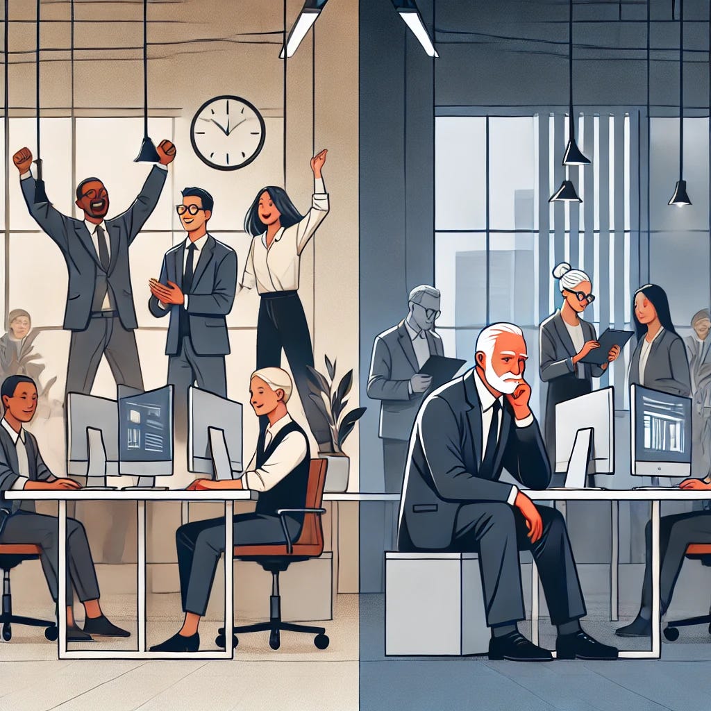"Illustration of ageism in the tech industry: A diverse office environment with a group of young professionals collaborating around a computer on one side, while an older worker sits isolated at their desk, appearing contemplative. The older worker's side is dimmer, emphasizing the contrast. The minimalist design uses clean lines and muted colors to convey subtle tension and disparity."