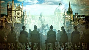 Illustration of people seated, facing a translucent image of a head superimposed over an Oxford cityscape.