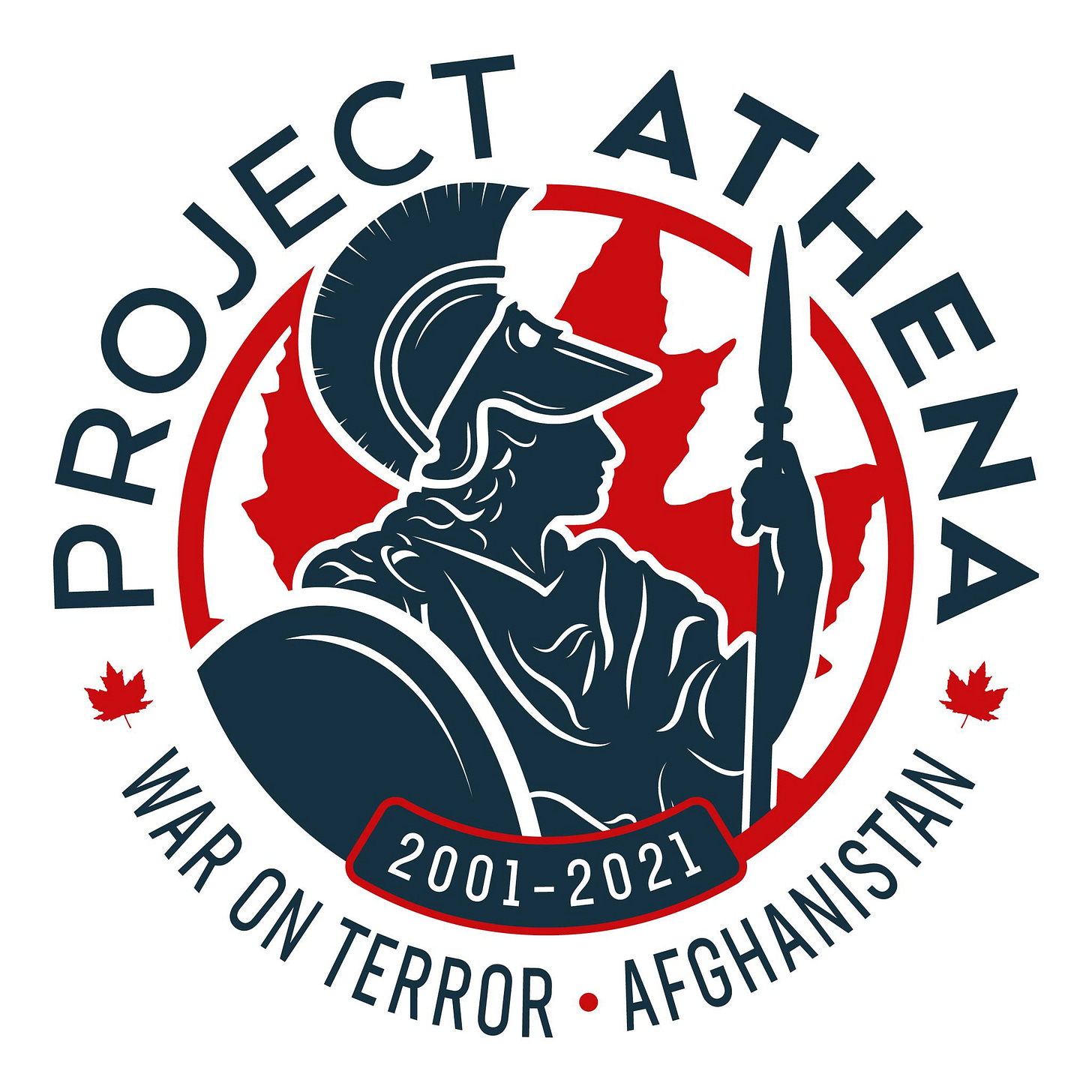 A circular emblem reading “PROJECT ATHENA” at the top and “WAR ON TERROR • AFGHANISTAN” at the bottom, with small red maple leaves on each side. In the center, a stylized profile of the Greek goddess Athena wearing a crested helmet holds a spear and shield, set against a red Canadian maple leaf. A small banner across the bottom of the circle shows “2001–2021.” The color scheme is navy, red, and white.