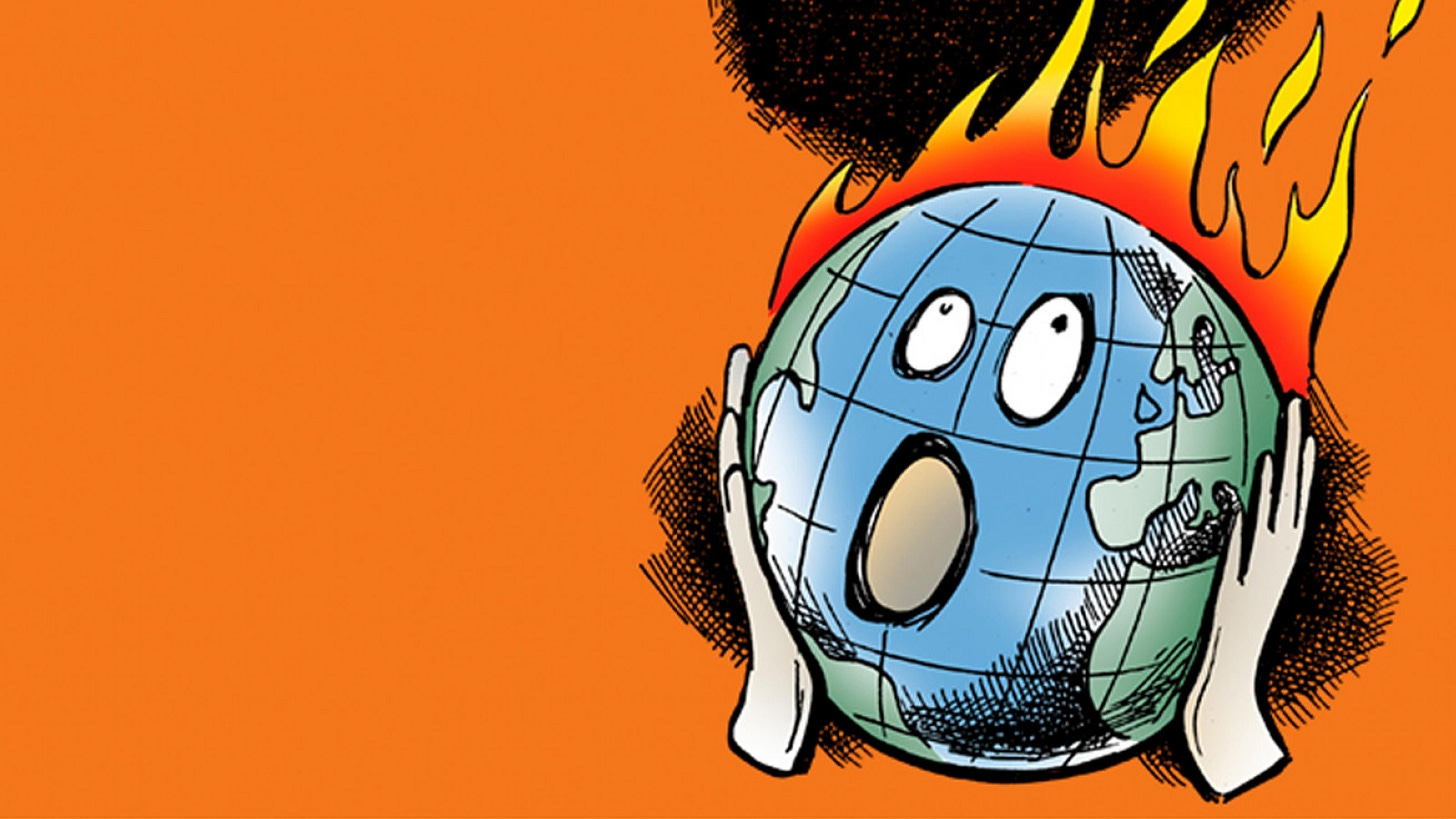 Eine Karikatur auf organefarbigem Hintergrund: Die Welt brennt und hält sich die Hände entsetzt an die Wangen wie die Figur auf Munchs "Schrei" - Cover-Illustration des jetzt auf deutsch erschienenen Buchs "Der Tollhauseffekt"