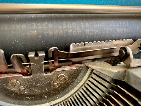 three photos - a typewriter platen with ghost text, a typewriter in a summer garden, and Ami McKay with a typewriter in a garden