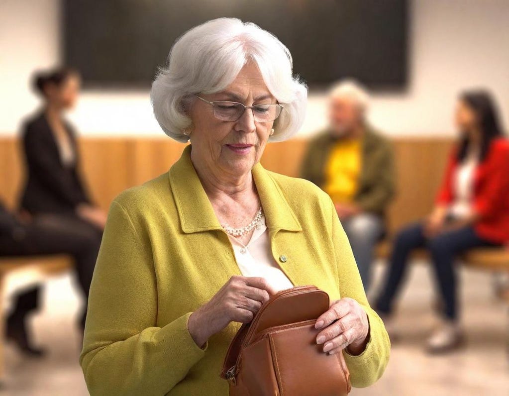 83-year-old white woman with glasses and gray hair closes the purse on her lap in a medical reception area. Three out-of-focus people are in the background.