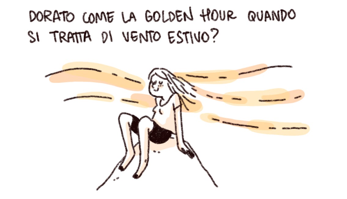 claudia su uno scoglio che si gode vento estivo con didascalia: dorato come la golden hour quando si tratta di vento estivo?