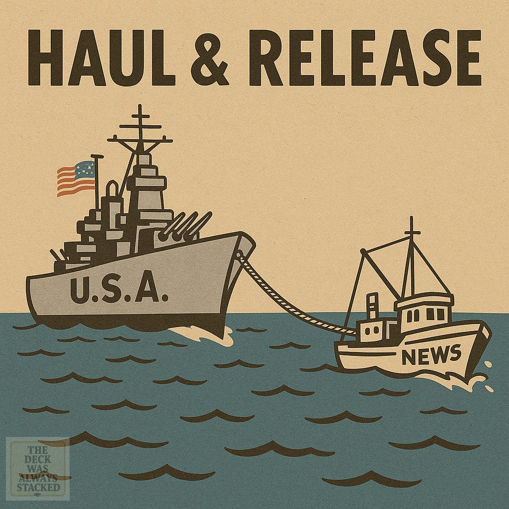 A vintage-style illustration of a U.S. battleship labeled “U.S.A.” towing a small fishing vessel labeled “News” across calm seas. The muted color palette and bold lettering evoke mid-century propaganda art, satirizing government-media entanglement.