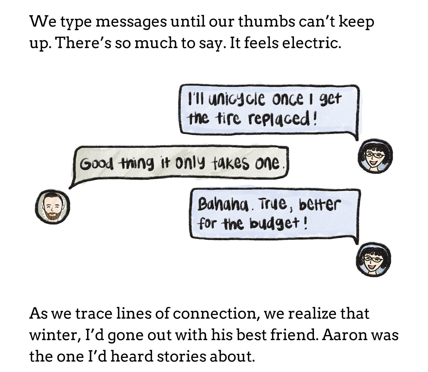 An illustration of a message exchange between Erika and Aaron. Erika says: "I'll unicycle once I get the tire replaced!" Aaron says: "Good thing int only takes one." Erika: "Bahaha. True, better for the budget!" The text reads: We type messages until our thumbs can't keep up. There's so much to say. It feels electric. As we trace lines of connection, we realize that winter, I'd gone out with his best friend. Aaron was the one I'd heard stories about."