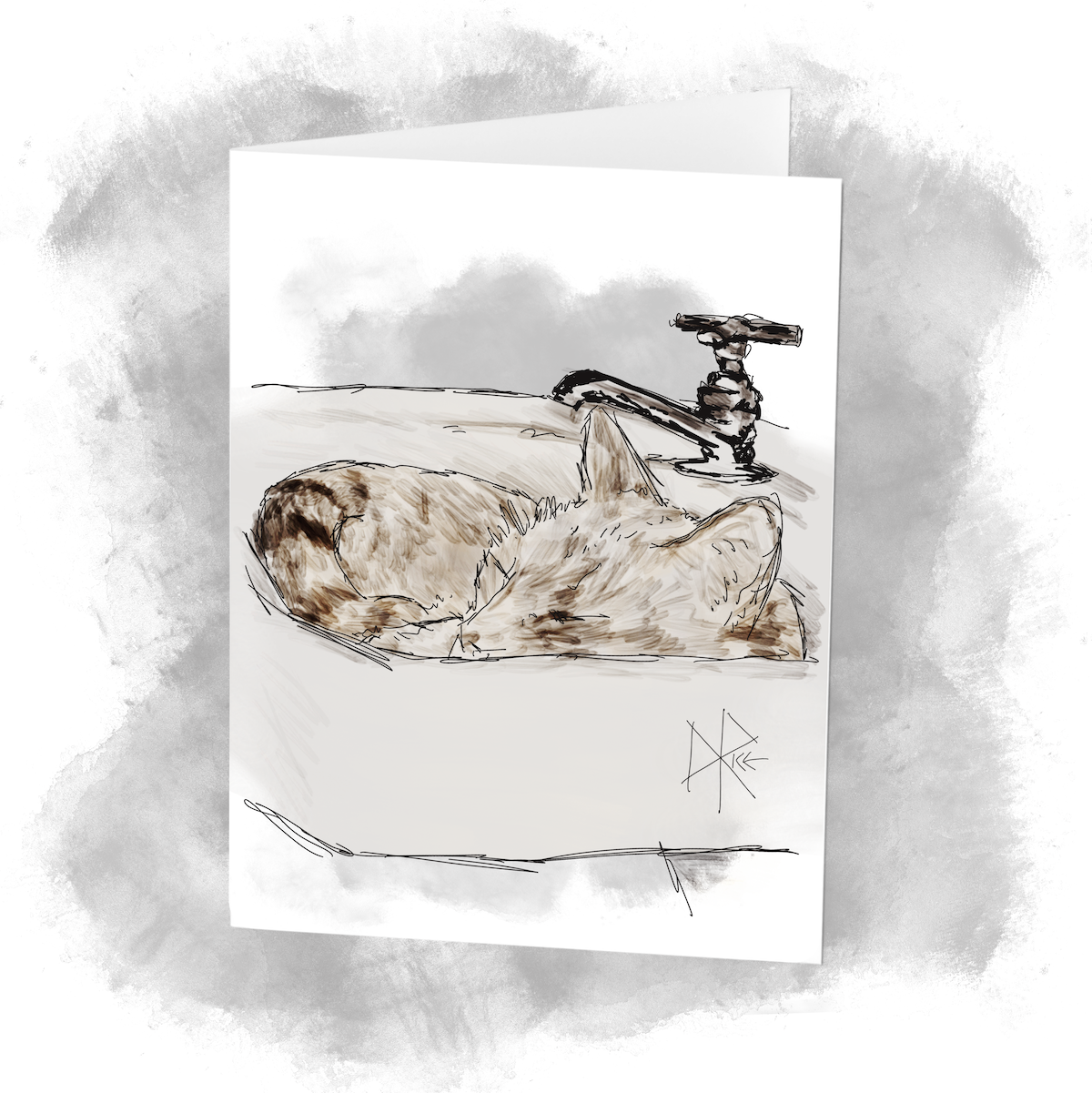 A tabby cat sleeps soundly in the concave depression of an antique hand washing sink. Sketch art by Don Rice. A tabby cat sleeps soundly in the concave depression of an antique hand washing sink. Sketch art by Don Rice.