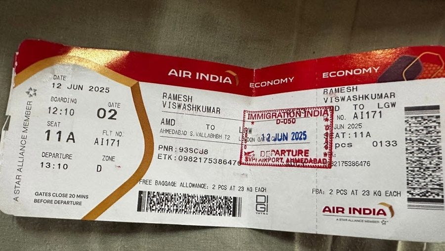 Air India boarding pass for Ramesh Vishwash Kumar, flight AI171, seat 11A.