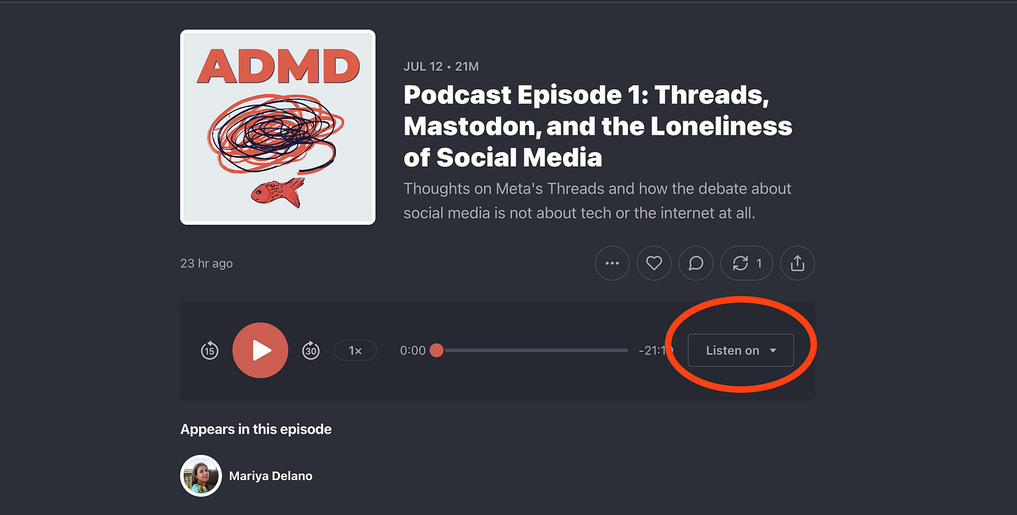 A screenshot from Substack showing this podcast episode with the button "Listen on" circled in red.
