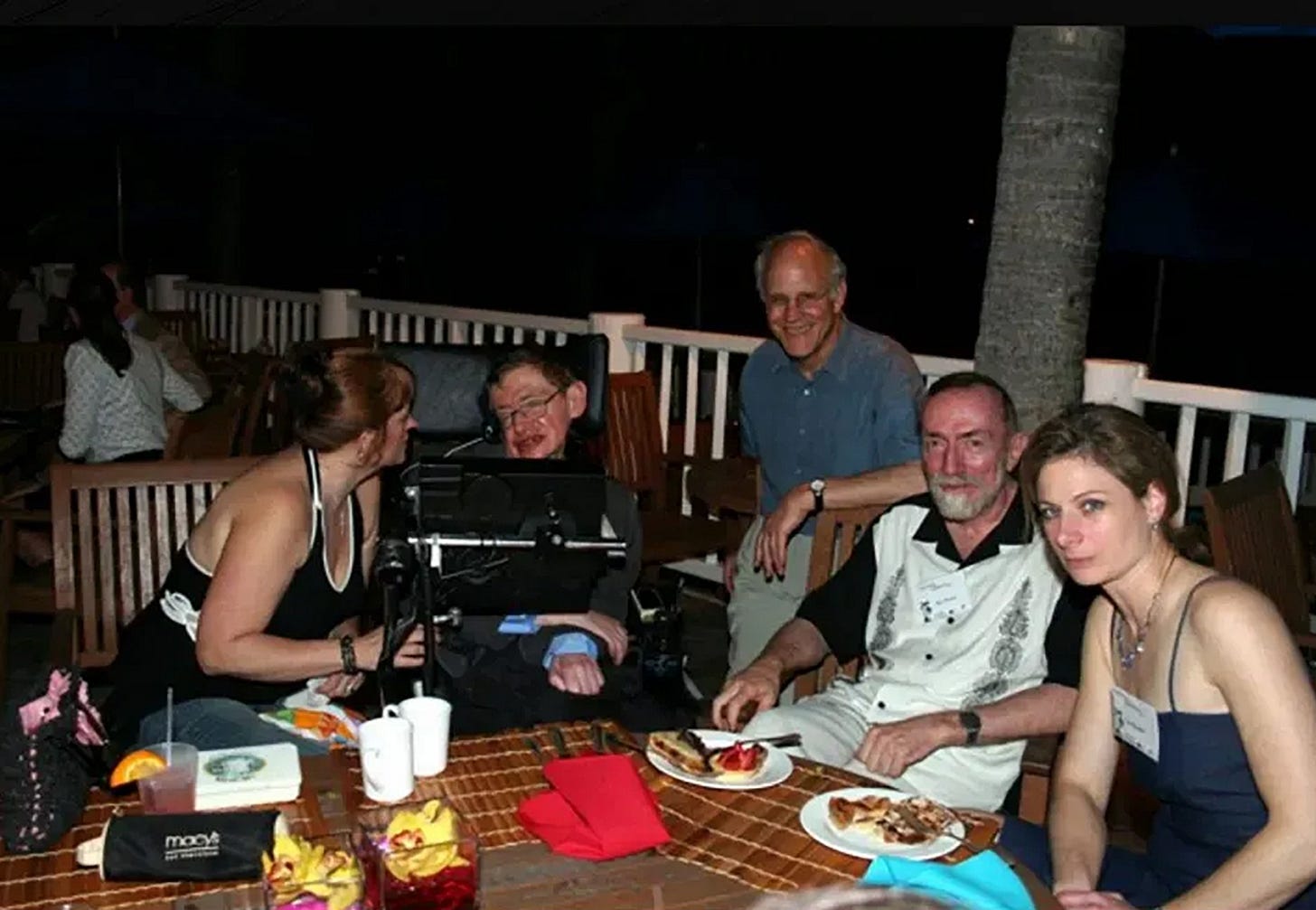 Stephen Hawking at a barbecue on Jeffrey Epstein’s Caribbean island in March 2006
