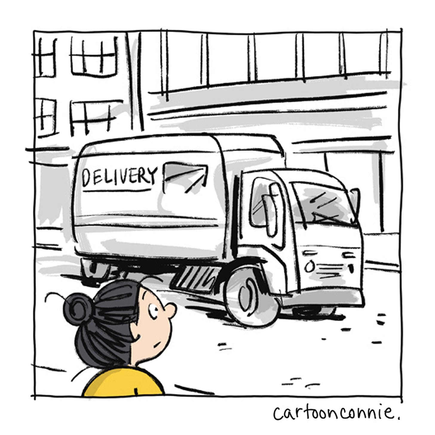 Panel 10 of 12 of a 2-page wordless illustrated comic, titled "Art Can Be A Good Companion," 2026, original artwork by Connie Sun, cartoonconnie. Panel 10 of 12 of a 2-page wordless illustrated comic, titled "Art Can Be A Good Companion," 2026, original artwork by Connie Sun, cartoonconnie.
