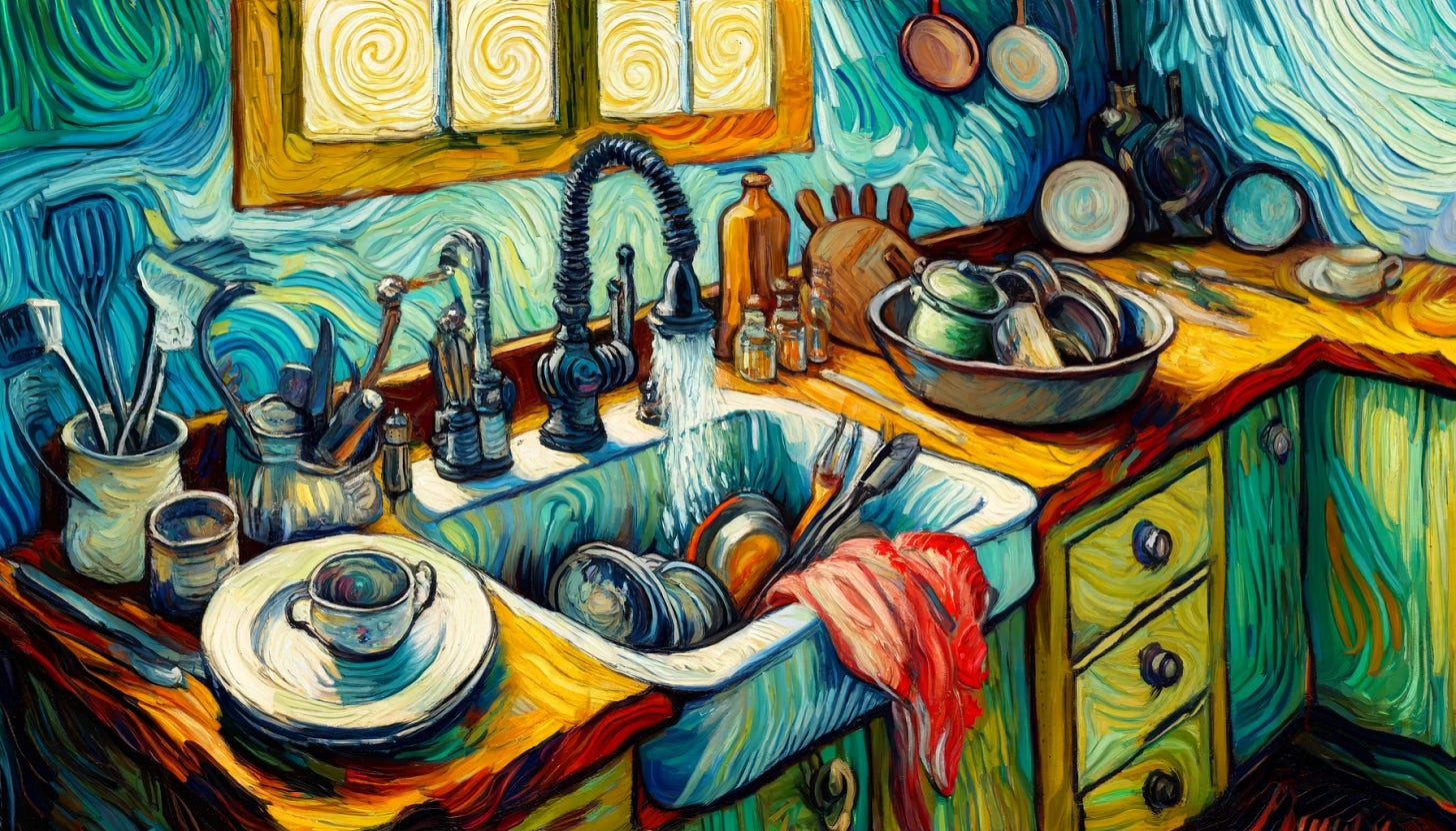 Create a wide aspect ratio painting of a kitchen sink in the style of Vincent Van Gogh. The scene should feature Van Gogh's distinctive brushwork, vibrant colors, and swirling patterns. The sink can be filled with dishes and utensils, with water flowing from the faucet. The background can include kitchen elements like countertops, cabinets, and a window letting in sunlight, all rendered with thick, expressive strokes. The overall composition should be dynamic and lively, capturing the essence of Van Gogh's artistic style. Create a wide aspect ratio painting of a kitchen sink in the style of Vincent Van Gogh. The scene should feature Van Gogh's distinctive brushwork, vibrant colors, and swirling patterns. The sink can be filled with dishes and utensils, with water flowing from the faucet. The background can include kitchen elements like countertops, cabinets, and a window letting in sunlight, all rendered with thick, expressive strokes. The overall composition should be dynamic and lively, capturing the essence of Van Gogh's artistic style.
