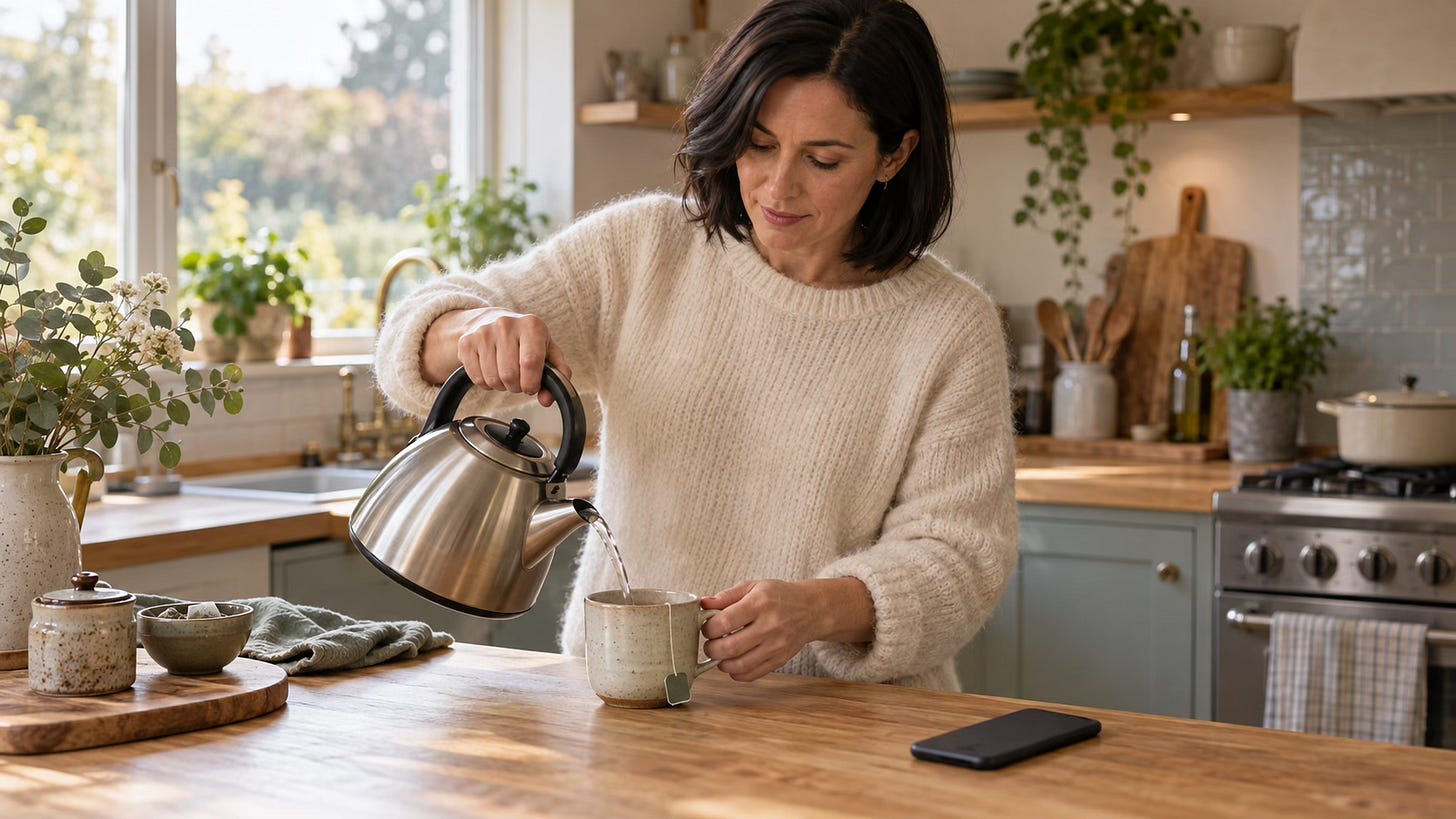 Woman making tea at a kitchen counter, with a smartphone resting face down beside her.