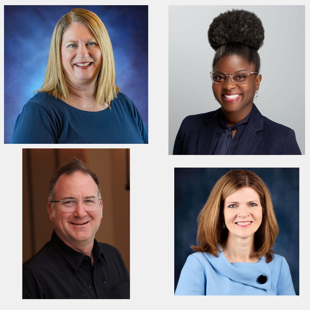 Four professional headshots arranged in a grid. Top left: a smiling woman with straight blonde hair wearing a navy blue top, set against a purple background. Top right: a woman with natural hair in a high puff, glasses, and a navy blazer, smiling against a light gray background. Bottom left: a man with glasses and short brown hair, wearing a black shirt, smiling warmly. Bottom right: a woman with shoulder-length auburn hair, wearing a light blue top, smiling in front of a dark backdrop.