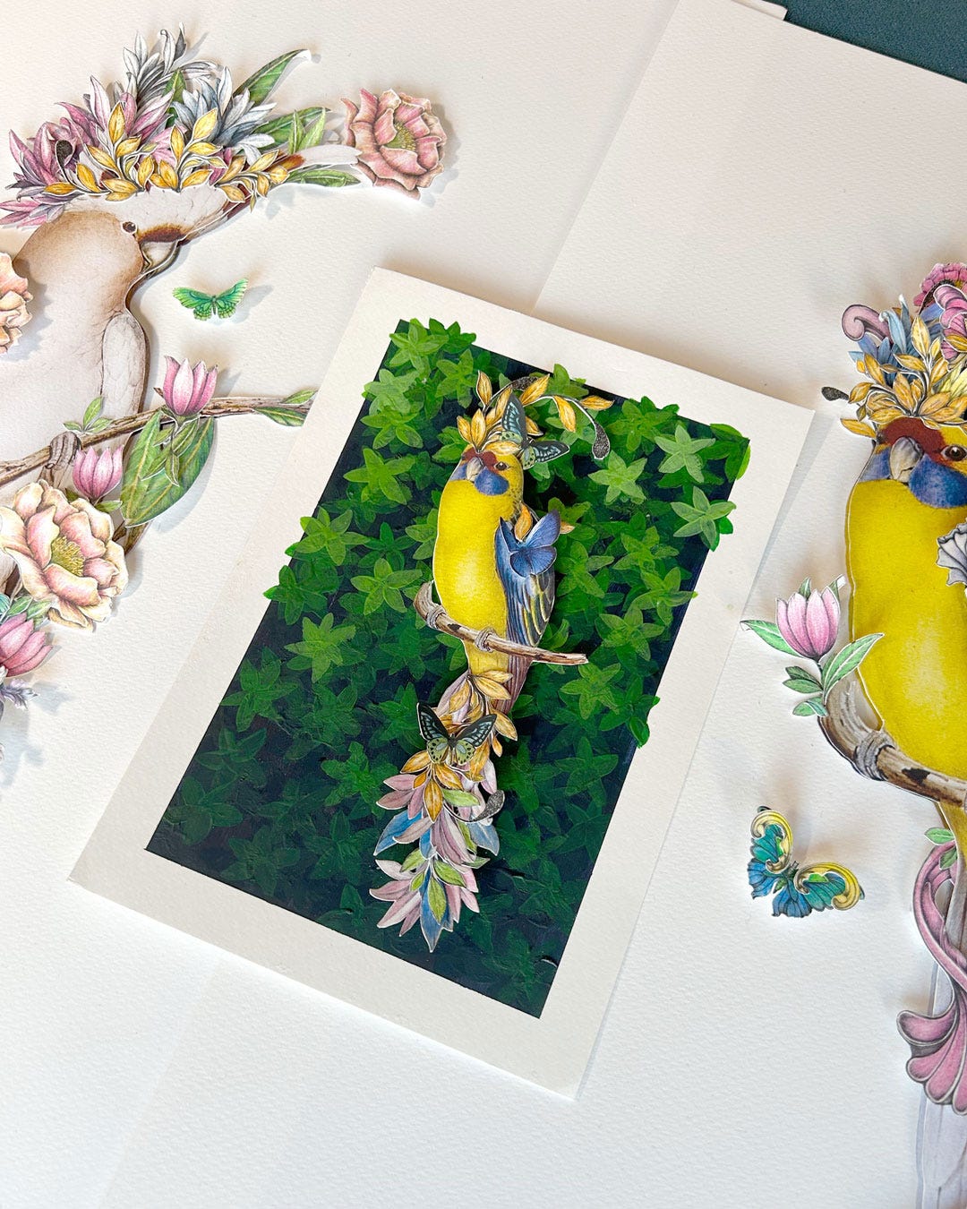 Single yellow mixed media bird on a gouache background Single yellow mixed media bird on a gouache background