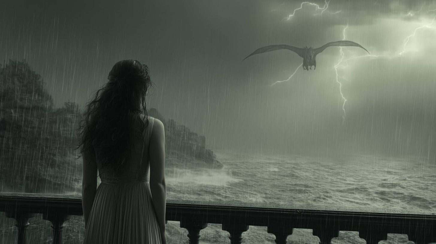 A woman in a rain-soaked white dress stands on a cliffside balcony, staring into a stormy sea as a massive dragon flies toward her through lightning-filled skies