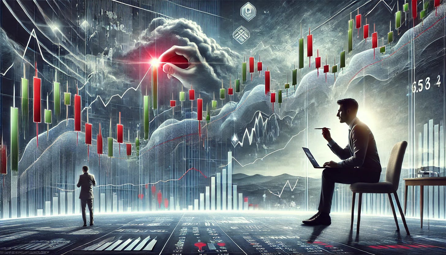 A visually compelling illustration of an investor strategically buying stocks during a market correction. The image features a financial market chart with a visible downward trend (red candles), but a confident investor is shown buying at the dip. The investor is depicted as a calm, thoughtful person analyzing the market with a laptop and financial graphs. The background suggests a turbulent market atmosphere, with subtle stormy elements or falling stock price indicators, yet the investor remains composed and optimistic. The scene is modern and professional, conveying the idea of taking advantage of market corrections to invest wisely.