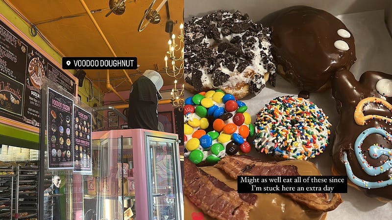 IG Story pic of inside Voodoo Doughnut next to a picture of the doughnuts I bought