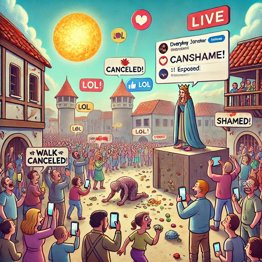A satirical, cartoon-style digital illustration depicting a modernized version of Cersei Lannister’s infamous "Walk of Shame" from Game of Thrones, but set in the digital age. Instead of peasants throwing food and chanting “Shame,” a crowd of everyday people lines the streets, holding up smartphones, livestreaming, taking selfies, and posting reactions in real-time. Floating above them are exaggerated speech bubbles and social media notifications: "🔥 Canceled!", "😂 LOL", "👎 #Shame", "📢 Exposed!" A giant, glowing LIVE icon hovers above the scene, indicating millions are watching. Meanwhile, Cersei—disheveled and humiliated—walks barefoot, bombarded by digital harassment instead of rotten vegetables. The setting is a blend of medieval King's Landing and a modern cityscape, symbolizing the fusion of past and present public shaming.