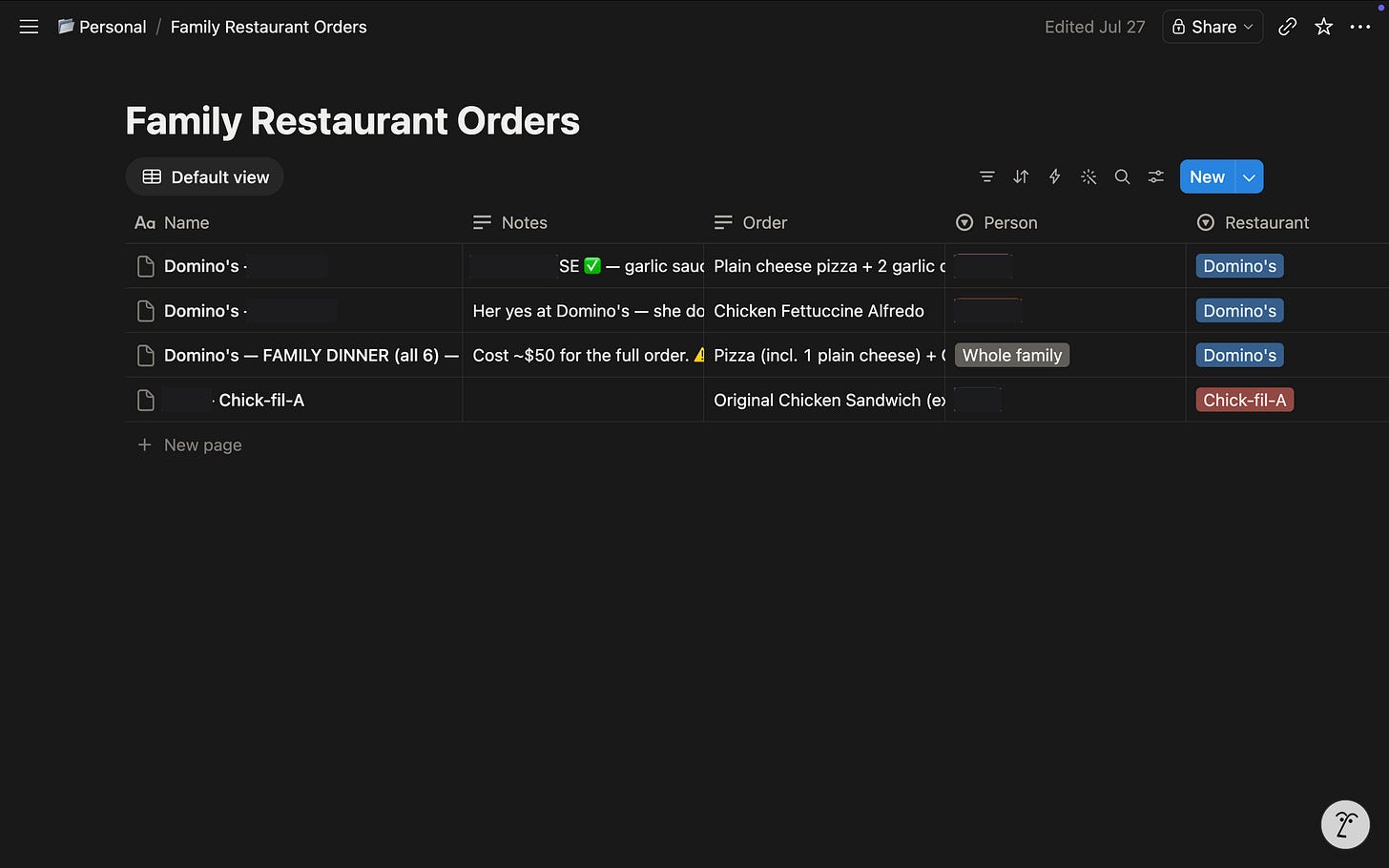 The Visible Practitioner build screenshot for a blended-family meal system, August 2026. A Notion database of family dinner orders by person with names blurred, representing the meal layer this bonding system is built on. The Visible Practitioner build screenshot for a blended-family meal system, August 2026. A Notion database of family dinner orders by person with names blurred, representing the meal layer this bonding system is built on.