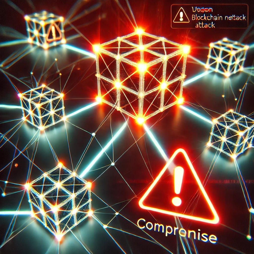 A visually striking representation of a blockchain network under attack, with glowing lines connecting nodes. One node is highlighted in red, symbolizing compromise, while digital warning signs float in the background, reflecting a sense of urgency.