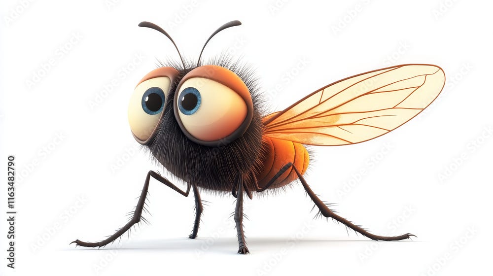 Cartoon fly vector icon, funny insect with cute face and big eyes. Pest control service mascot, design element. Wild flying creature isolated on white background