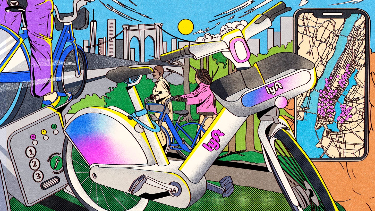 Illustration of collage of images, including a Lyft e-bike, a hand holding a phone with a map of Citi Bike stations, two people walking their bikes together, and a person riding a bike over the Brooklyn Bridge. Illustration of collage of images, including a Lyft e-bike, a hand holding a phone with a map of Citi Bike stations, two people walking their bikes together, and a person riding a bike over the Brooklyn Bridge.
