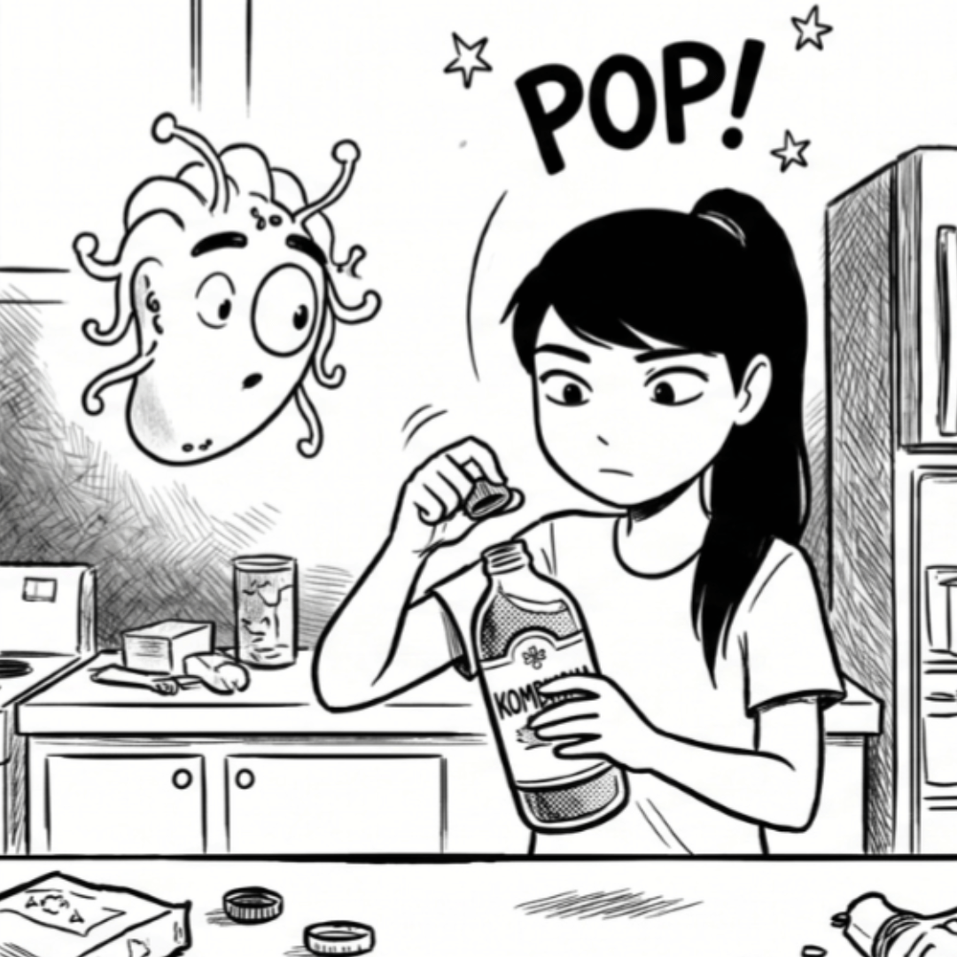A bottle of kombucha makes a dramatic entrance.