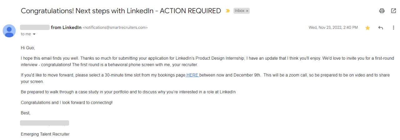 Email from recruiter telling me about the phone screen
