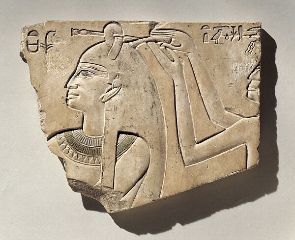 Relief of Queen Neferu Having Her Hair Done, Limestone, paint