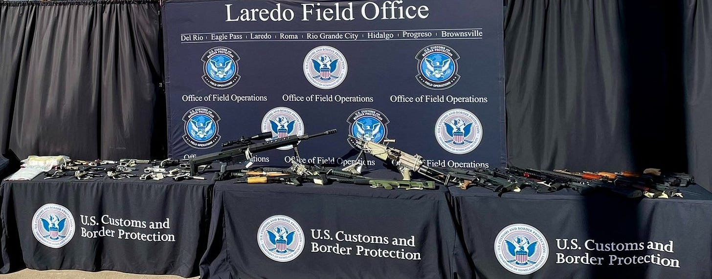 These tables are piled with guns that CBP Agents in South Texas stopped from crossing the Rio Grande to arm Mexican Cartels. These tables are piled with guns that CBP Agents in South Texas stopped from crossing the Rio Grande to arm Mexican Cartels.