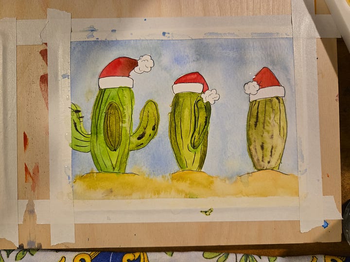 Step-by-step watercolor cactus painting progression with Santa hats, from pencil sketch outlines to colorful finished holiday cactus illustration.