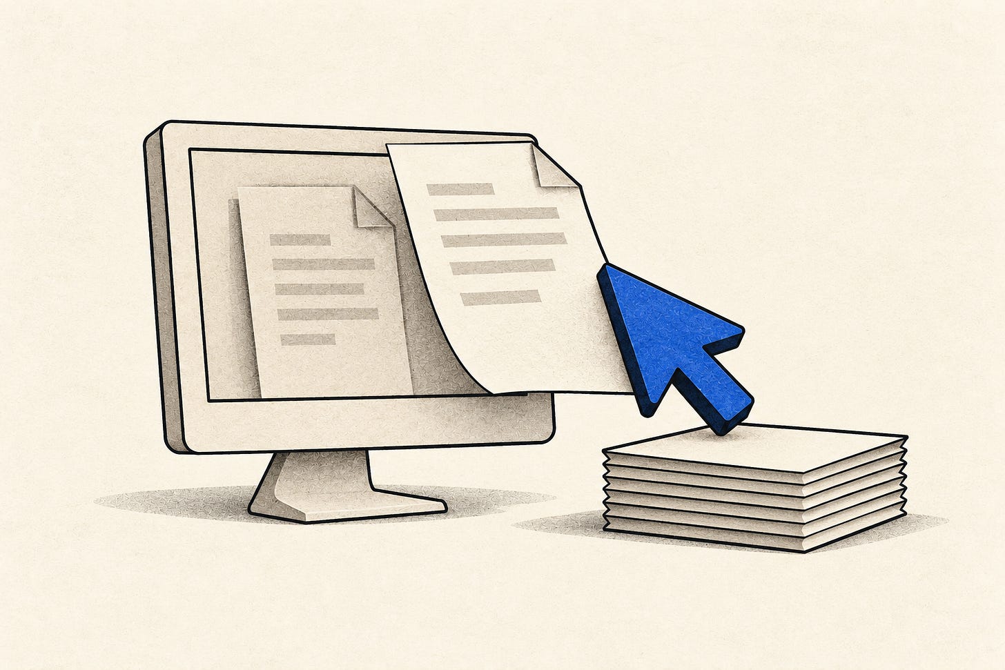 A cobalt pointer lifts a sheet from a computer screen onto a paper stack. A cobalt pointer lifts a sheet from a computer screen onto a paper stack.