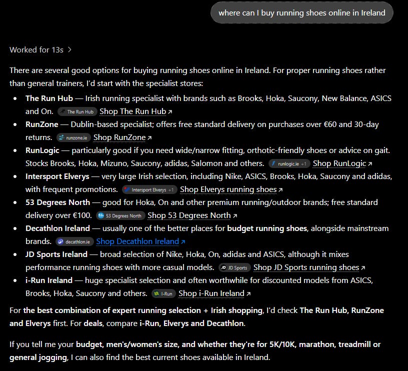 ChatGPT answer to an online shopping question listing several stores by name