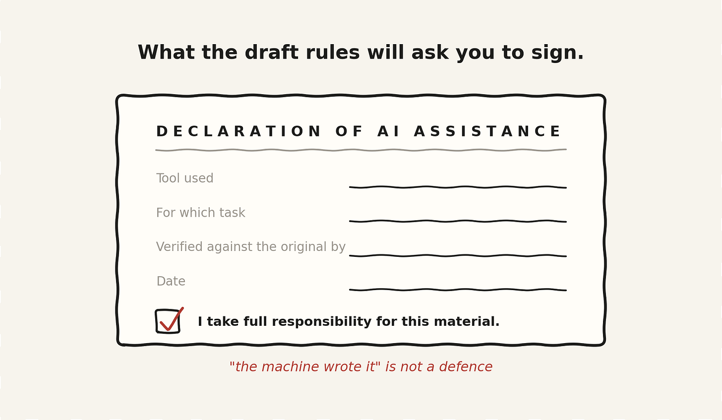 A declaration of AI assistance form, with a box ticked accepting full responsibility for the material