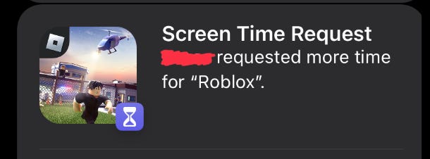 Apple iOS screenshot of a screen time request for Roblox