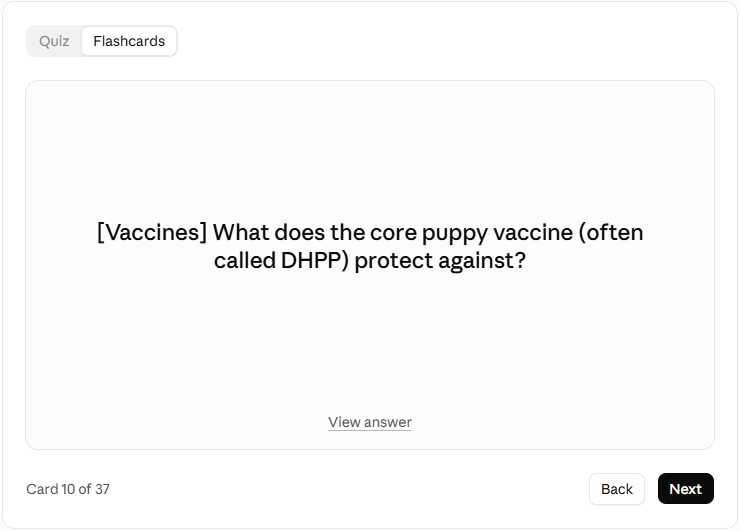 Interactive AI flashcard deck, card 10 of 37: "[Vaccines] What does the core puppy vaccine (often called DHPP) protect against?" with a View answer link